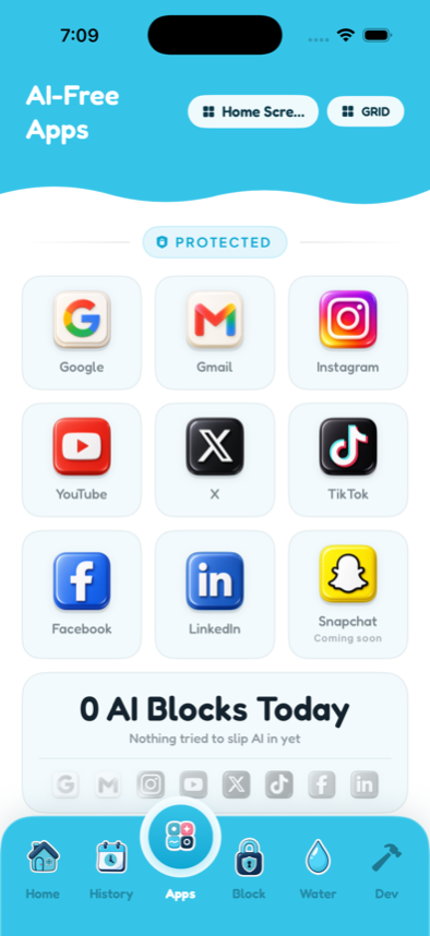 NoSlop AI-free apps grid with Google, Gmail, Instagram and more