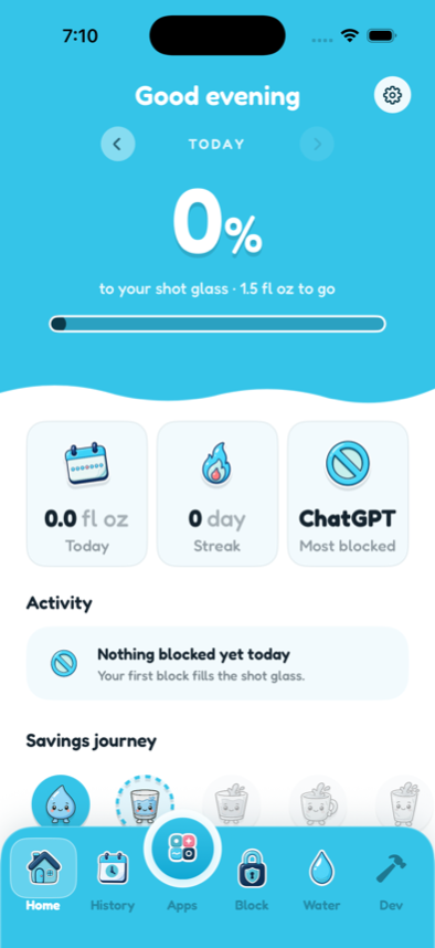 NoSlop home screen with daily water goal and streak