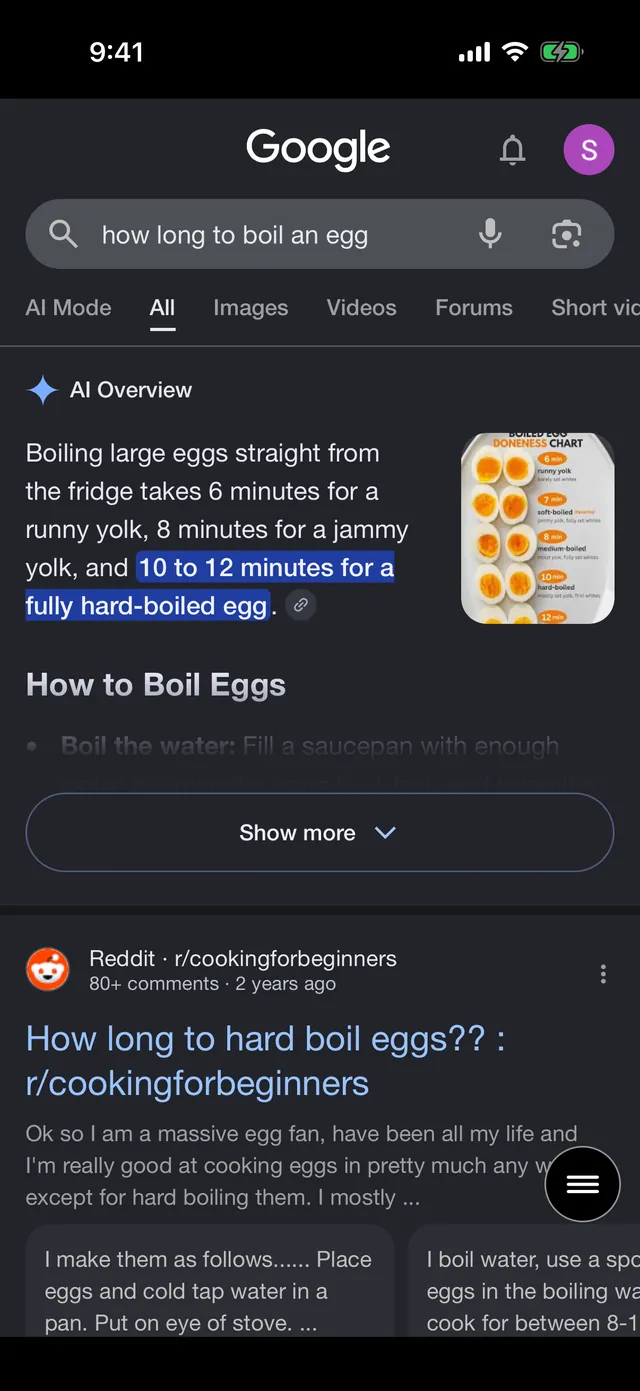 Google search for how long to boil an egg. An AI Overview fills the top of the results.